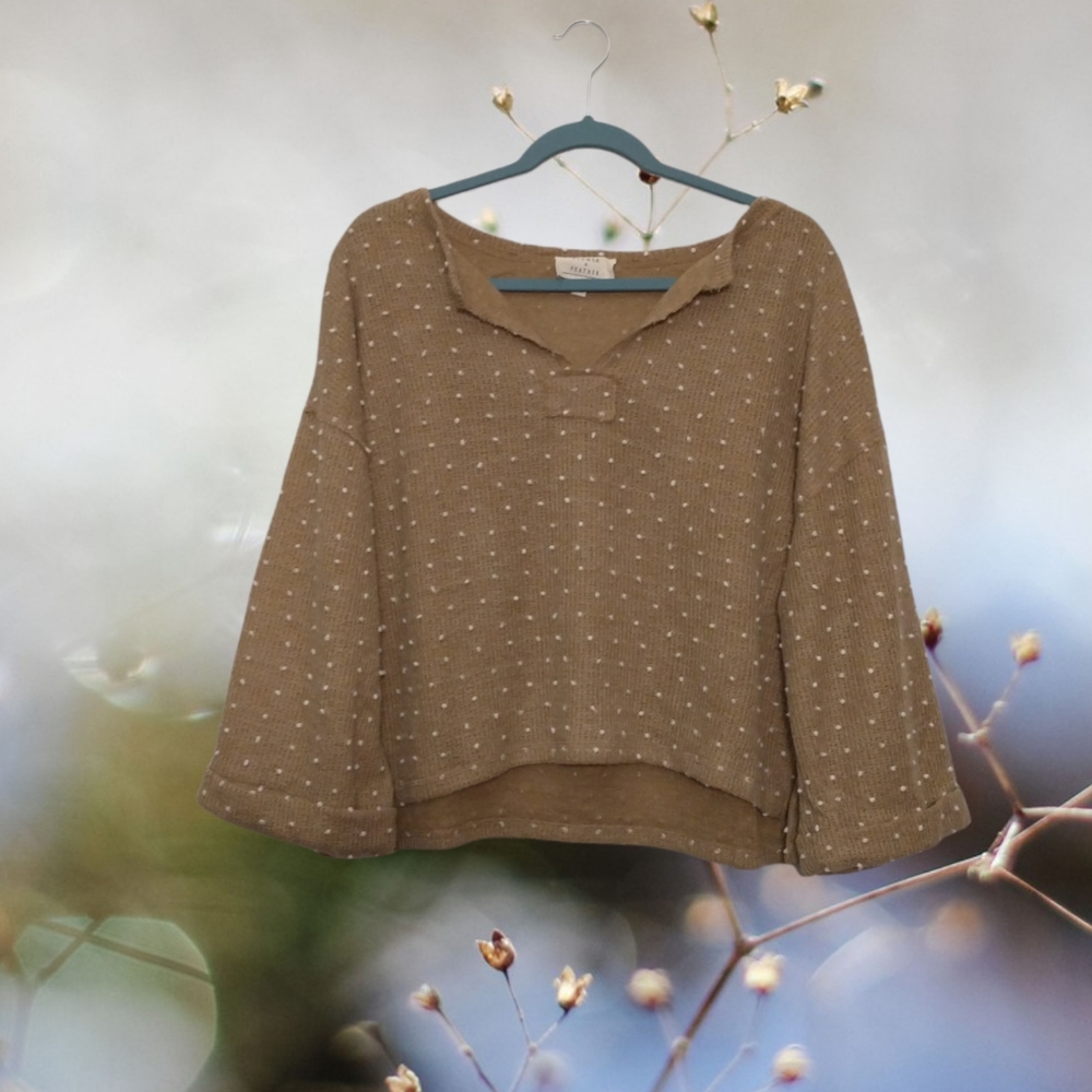Flower & Feather Crop V Neck Clip Dot Sweater Large